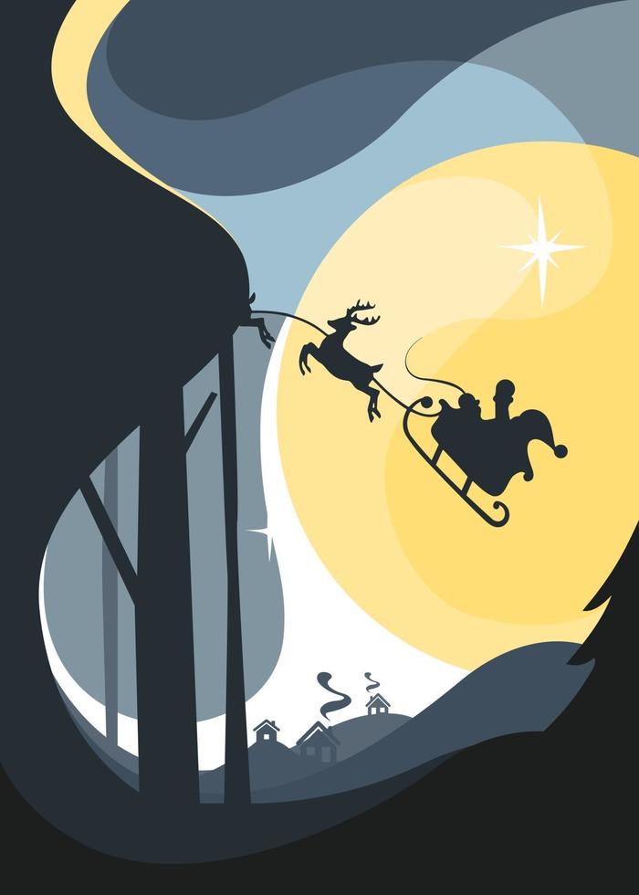 Papai Noel voando no trenó com renas no céu noturno. cartaz de natal. vetor
