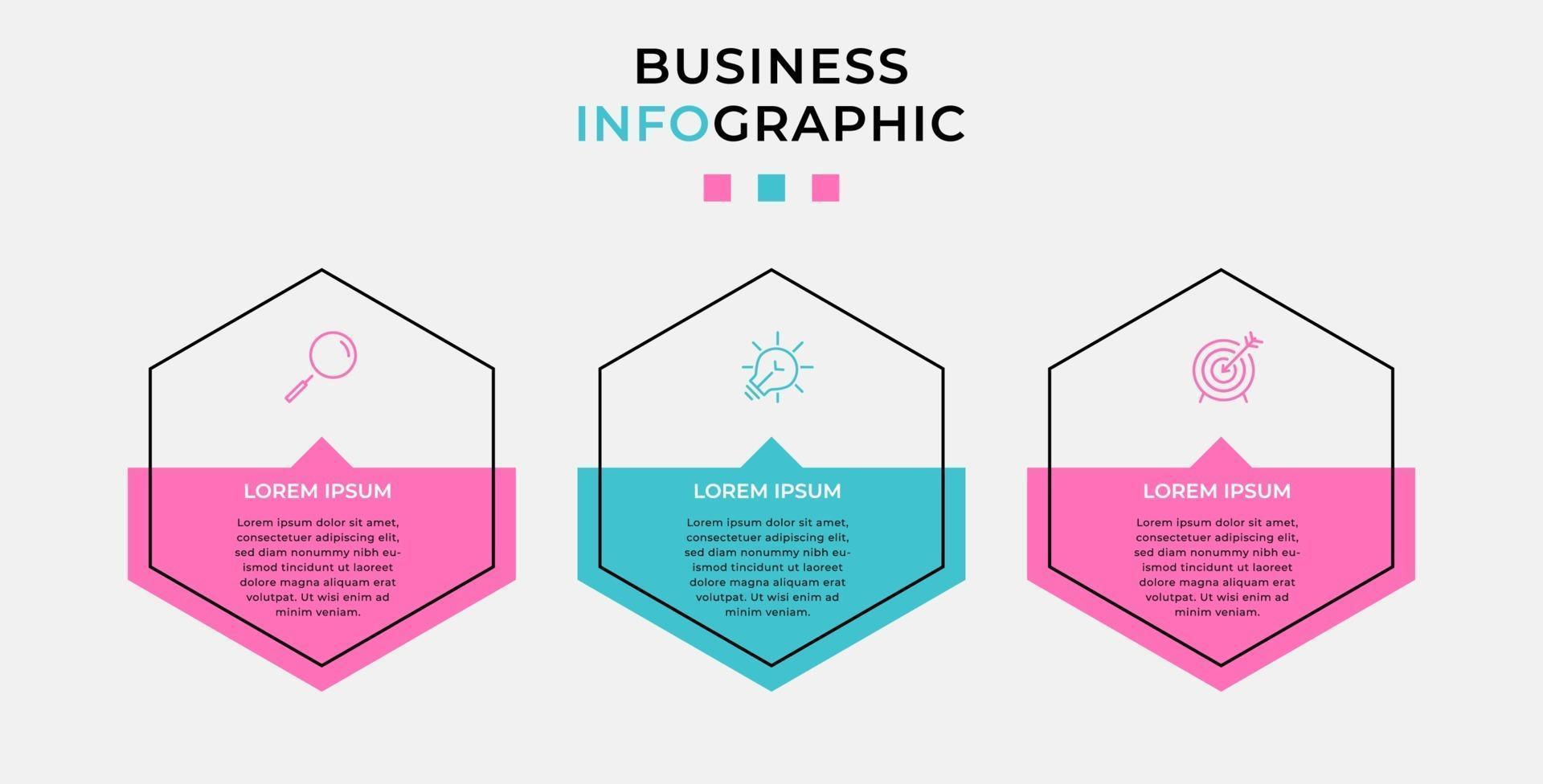 infográfico design modelo de negócios com ícones e 3 opções ou etapas vetor