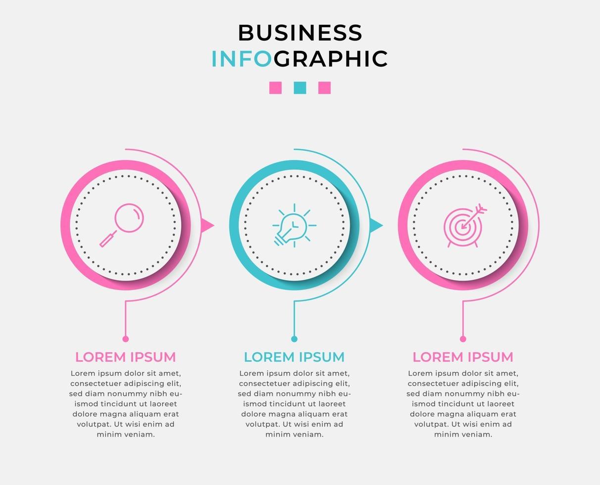 infográfico design modelo de negócios com ícones e 3 opções ou etapas vetor