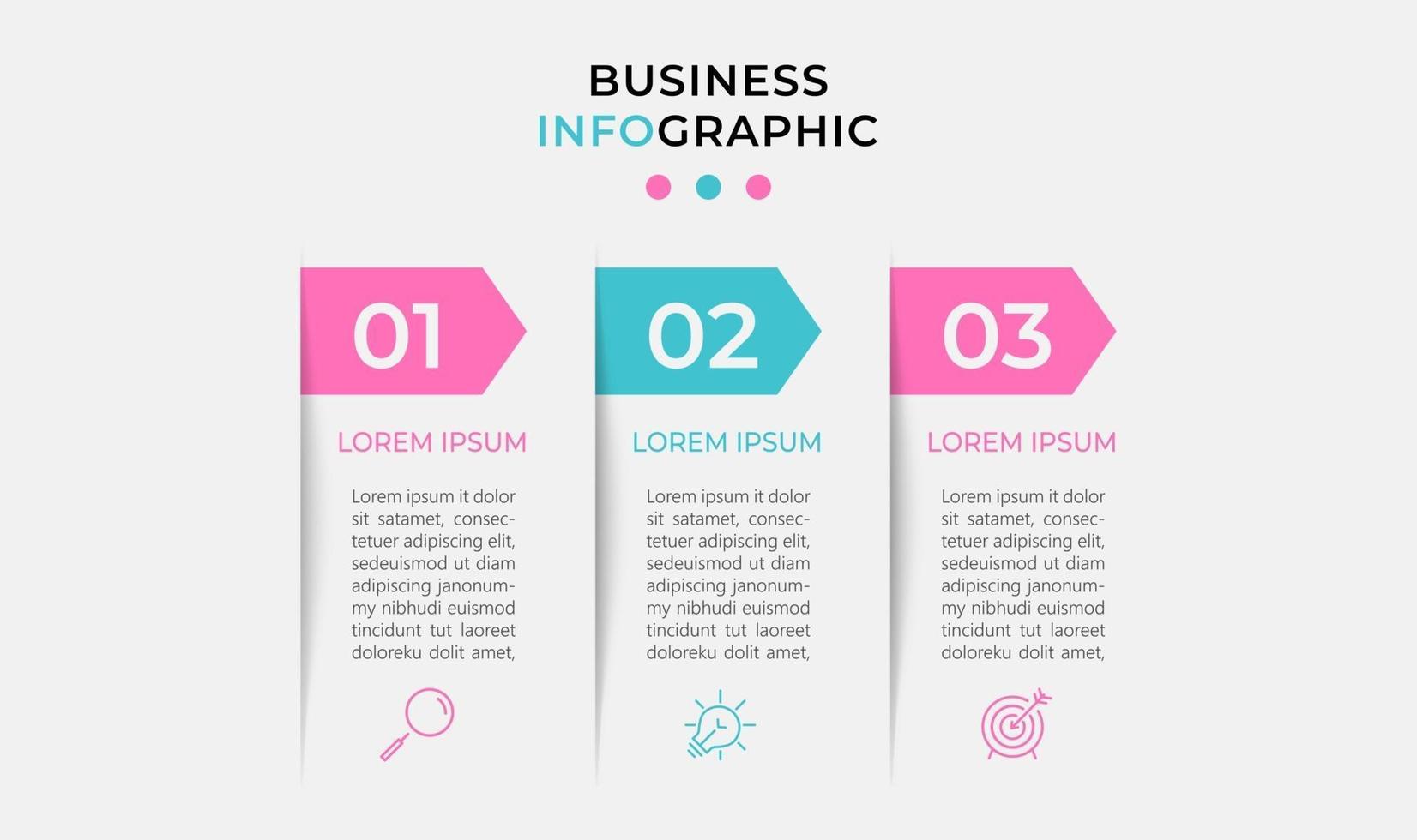 infográfico design modelo de negócios com ícones e 3 opções ou etapas vetor