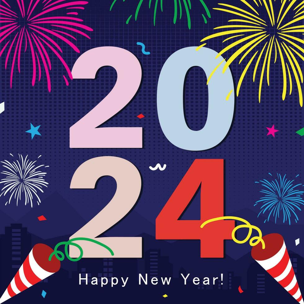 feliz Novo ano 2024 festa celebração fundo com colorida fogo de artifício decoração vetor