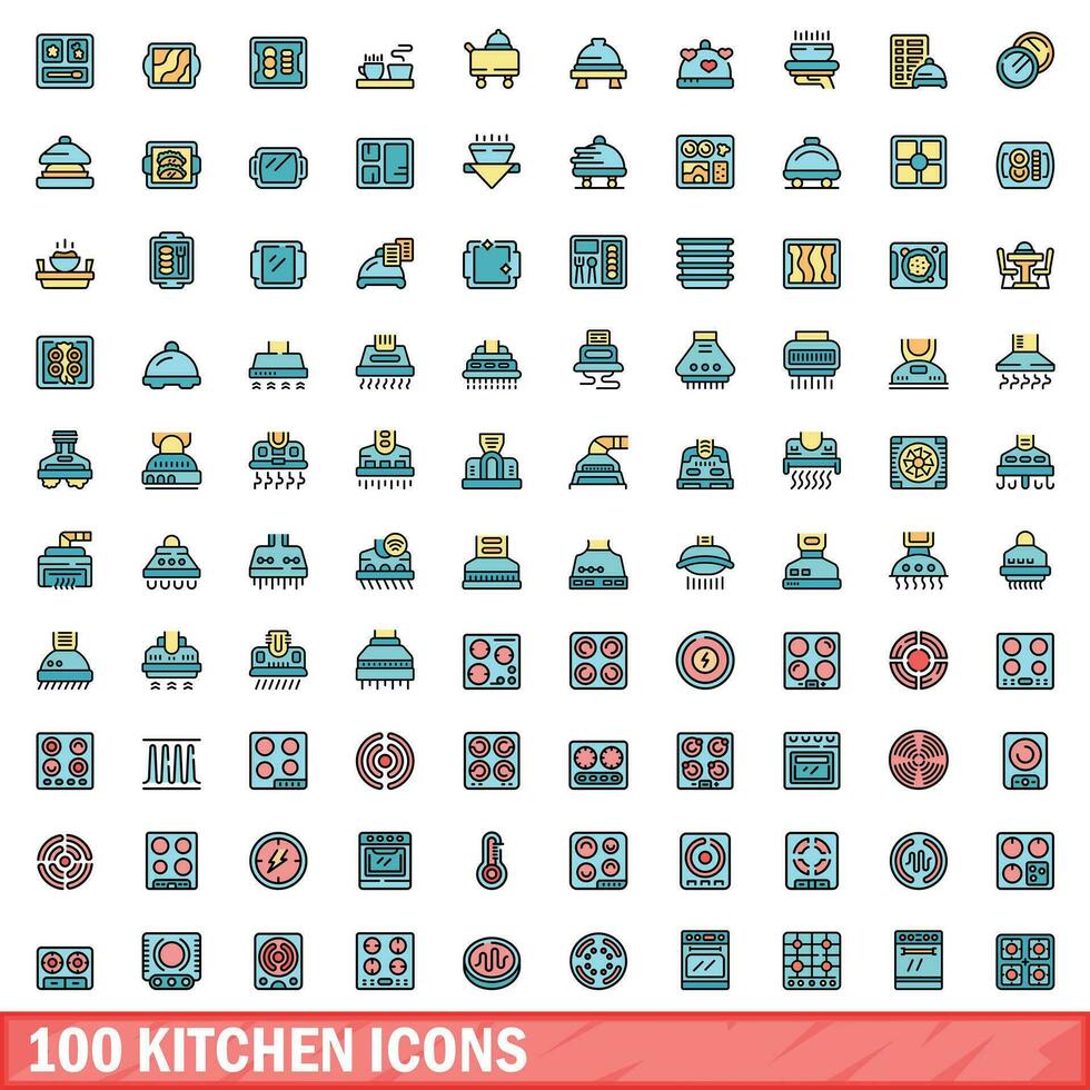 100 cozinha ícones definir, cor linha estilo vetor