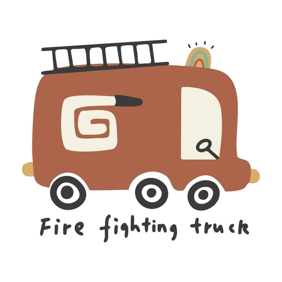 desenhado à mão desenho animado fofa fogo brigando caminhão ilustração vetor