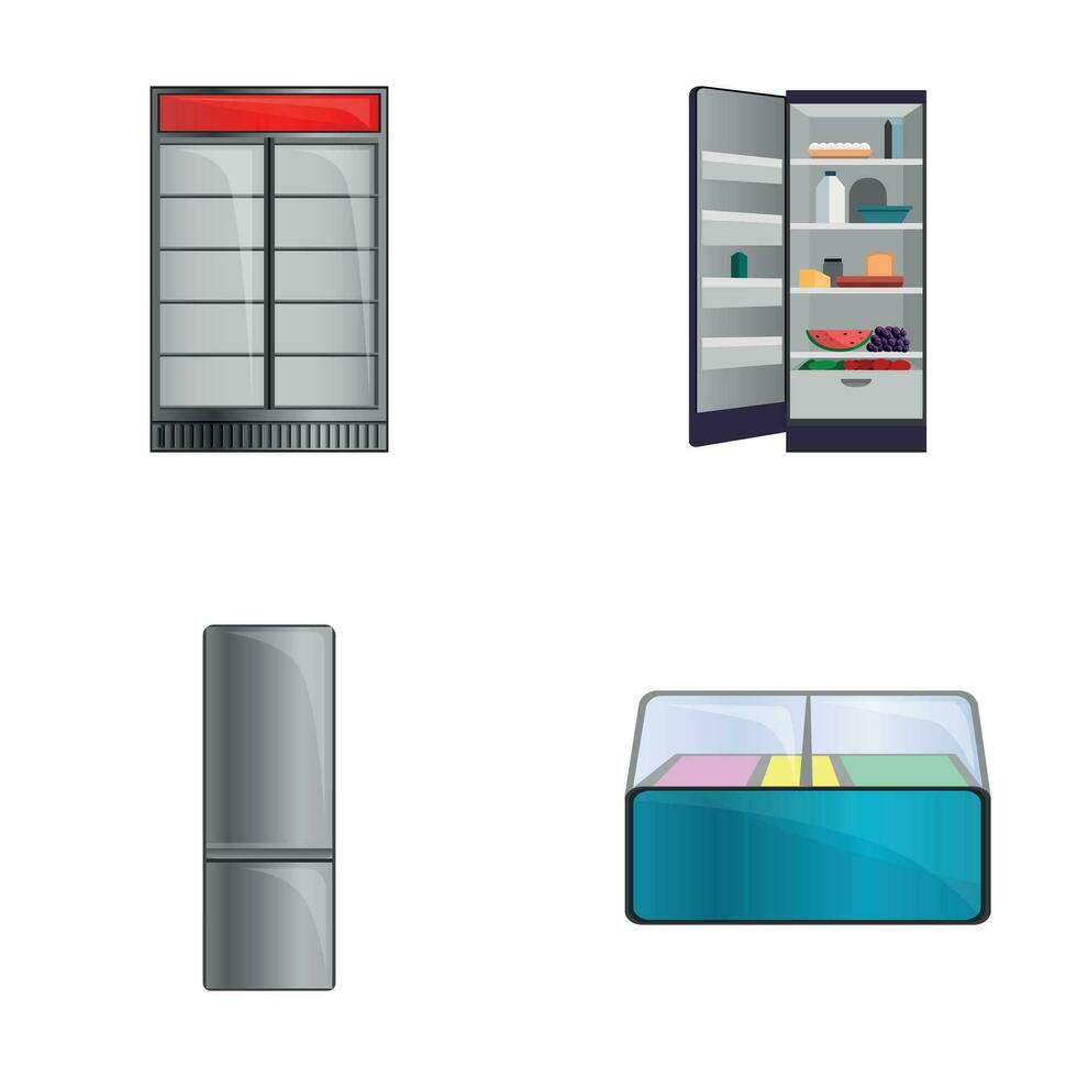 refrigeração equipamento ícones conjunto desenho animado vetor. geladeira mostruário vetor