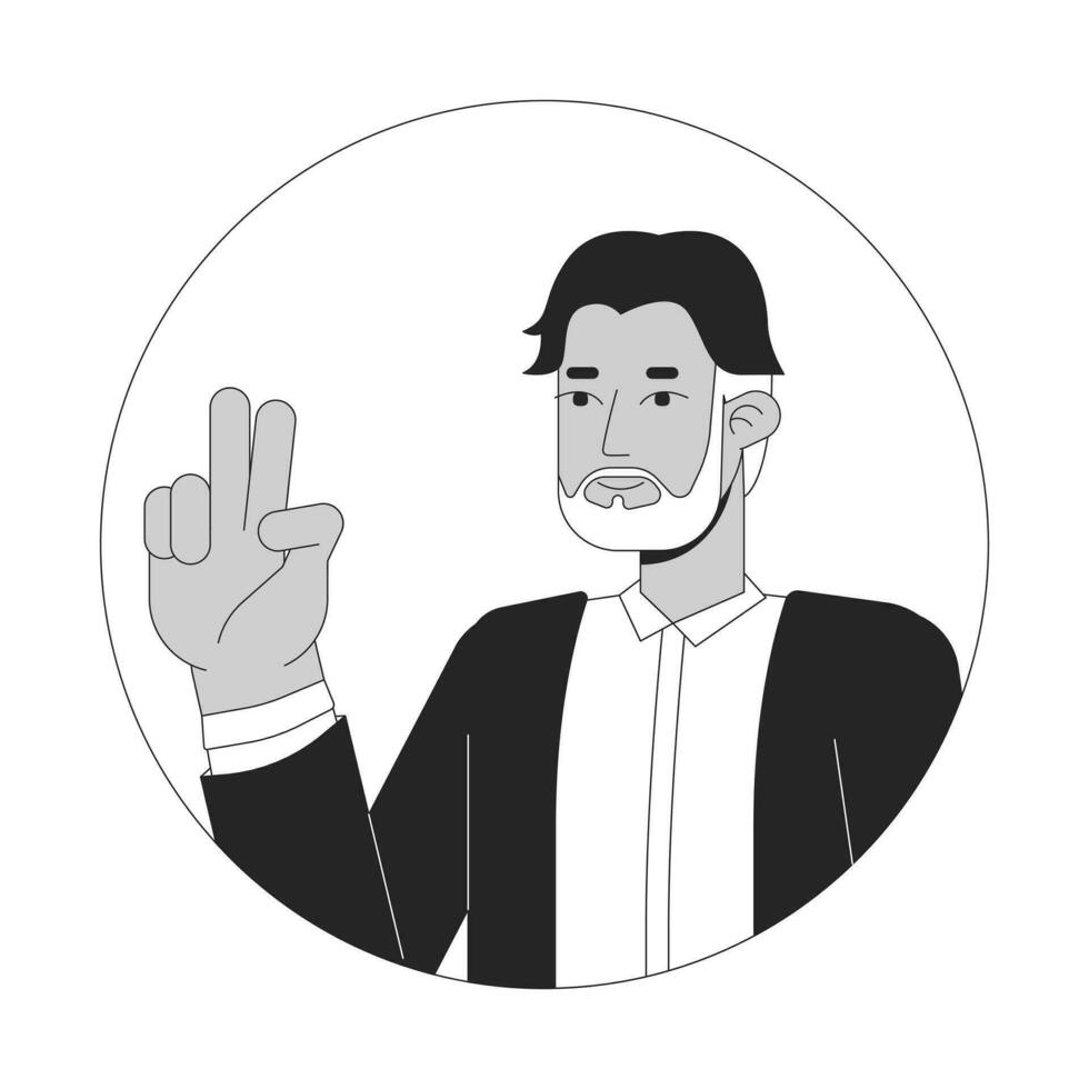 anos quarenta meio era homem Paz placa mão Preto e branco 2d vetor avatar ilustração. meio envelhecido barbudo latim americano levando selfie esboço desenho animado personagem face isolado. plano do utilizador perfil imagem