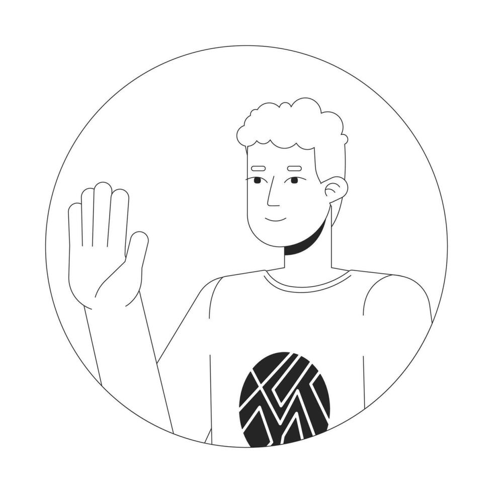 encaracolado caucasiano jovem homem acenando feliz Preto e branco 2d vetor avatar ilustração. dizendo Olá esboço desenho animado personagem face isolado. cumprimento gesto. não-verbal plano do utilizador perfil imagem