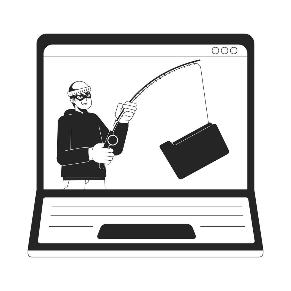 ladrao enganchar pasta computador portátil tela bw conceito vetor local ilustração. phishing ataque. crime 2d desenho animado plano linha monocromático personagem para rede ui Projeto. editável isolado esboço herói imagem