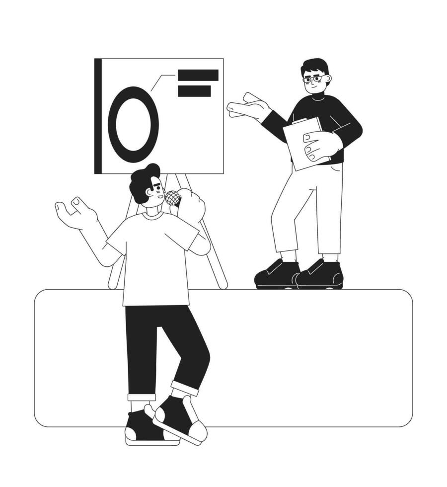 painel alto falante respondendo questão público Preto e branco desenho animado plano ilustração. conferência participante Perguntando especialista linear 2d personagens isolado. Gerente explica monocromático cena vetor imagem