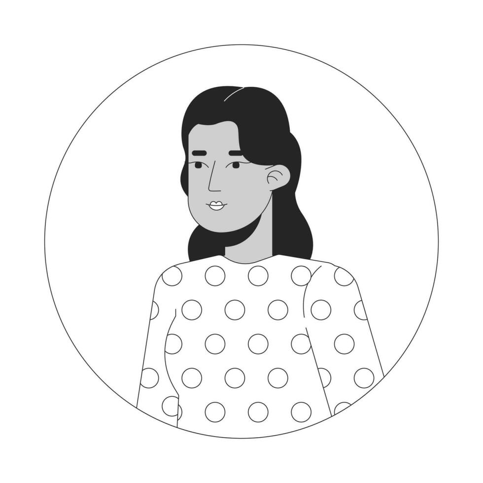 lindo meio Oriental adulto mulher posando Preto e branco 2d vetor avatar ilustração. fêmea corporativo trabalhador casual esboço desenho animado personagem face isolado. relaxado plano do utilizador perfil imagem