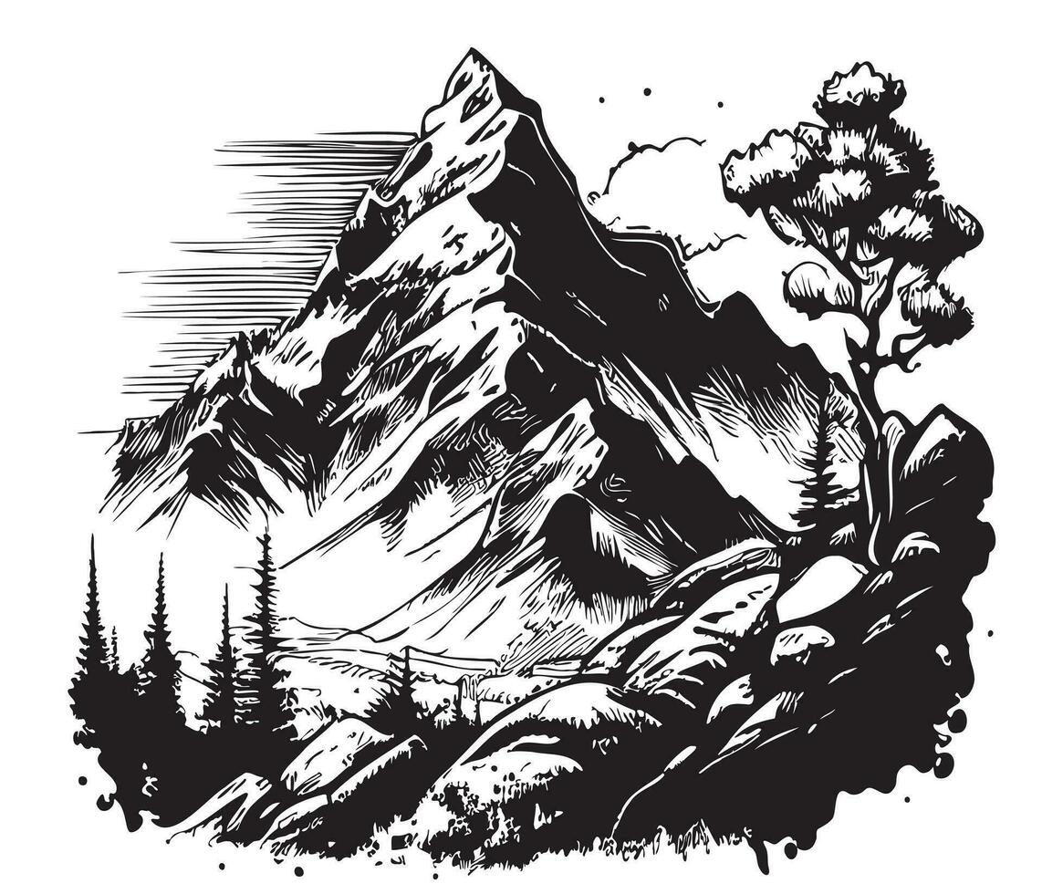 montanhas e floresta natureza mão desenhado esboço vetor ilustração