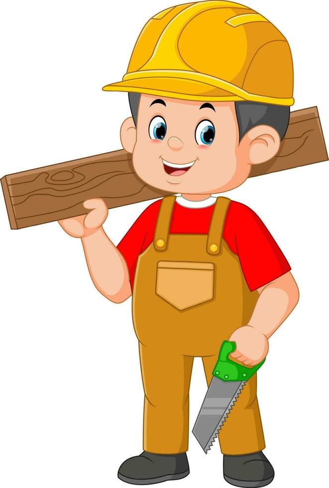 construção trabalhador segurando Serra e madeira vetor