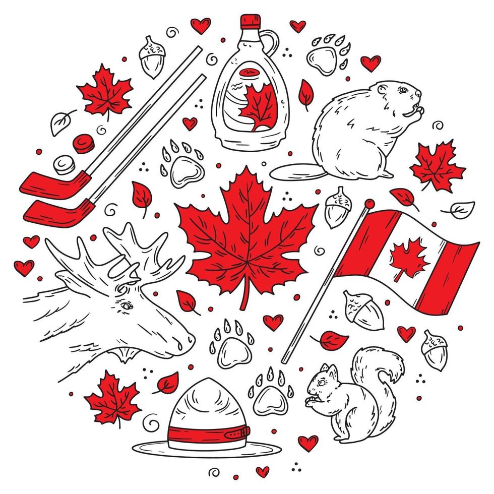 feliz dia nacional do Canadá, um conjunto de ícones de estilo doodle vetor