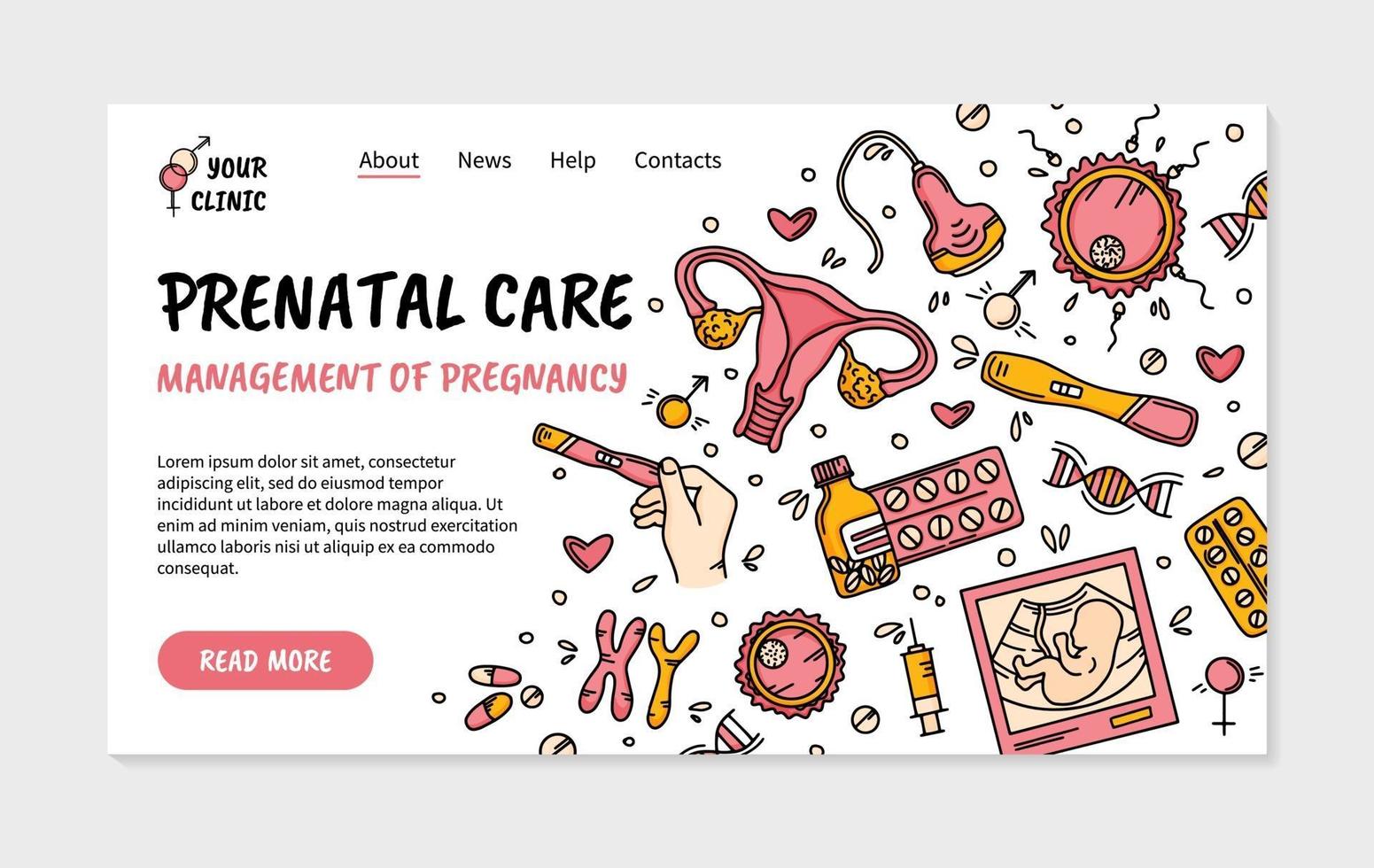 página de destino de doodle de clínica de cuidados pré-natais e ginecologista vetor