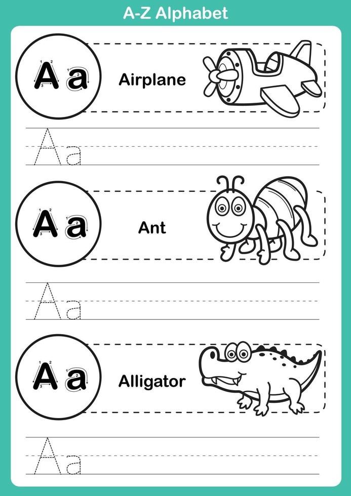 alfabeto az exercício com vocabulário de desenho animado para livro de colorir vetor