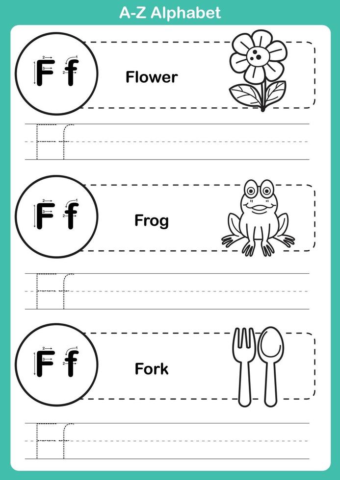 alfabeto az exercício com vocabulário de desenho animado para livro de colorir vetor