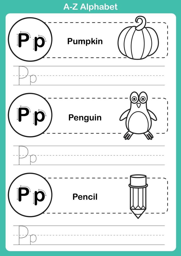 alfabeto az exercício com vocabulário de desenho animado para livro de colorir vetor
