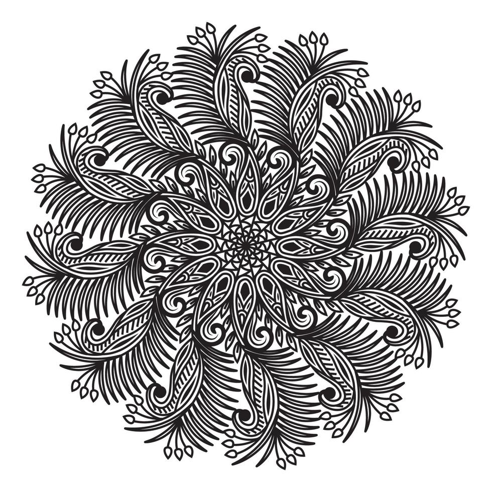 Desenho de mandala com padrão de folha floral de arte de linha verde natural vetor