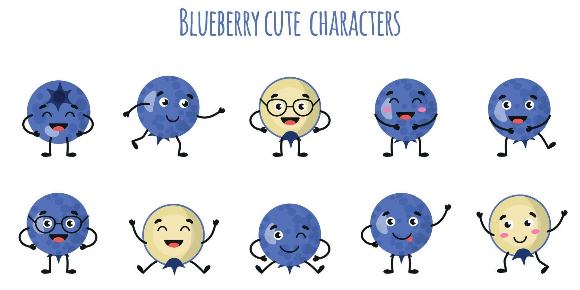 Fruta de mirtilo personagens engraçados e fofinhos com emoções diferentes vetor