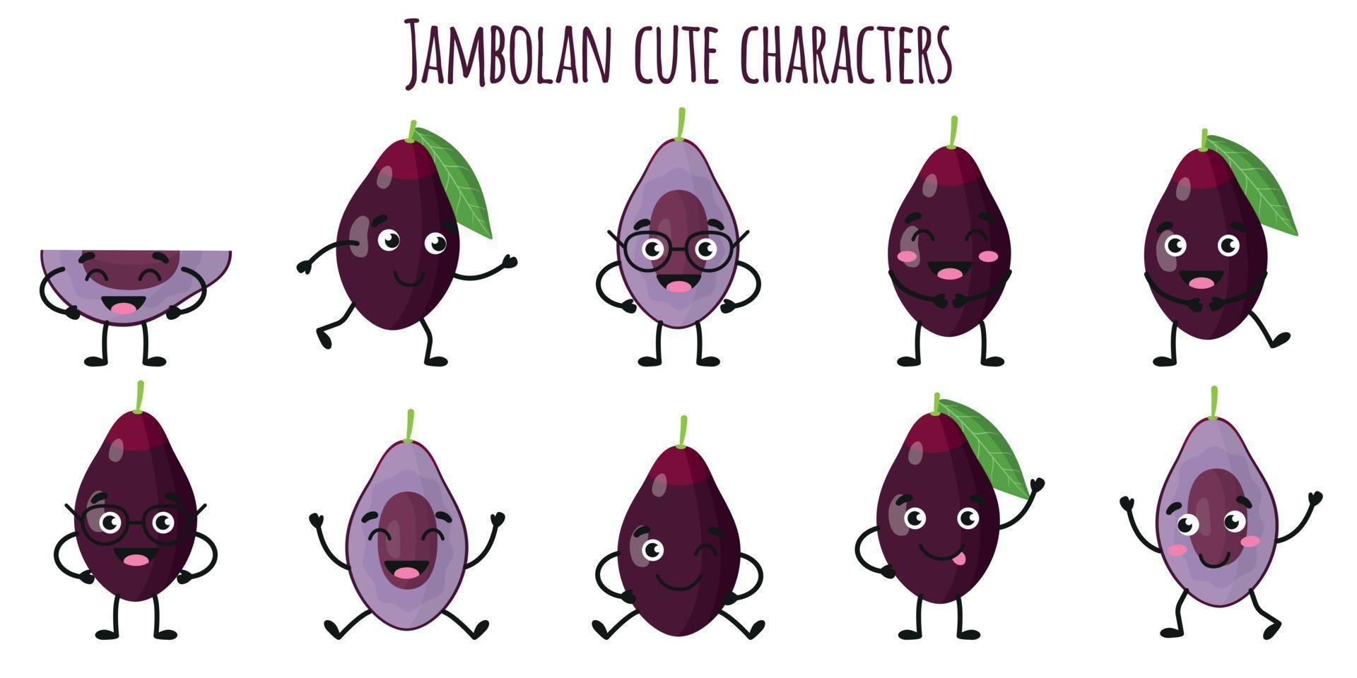 frutas jambolan personagens engraçados fofinhos com emoções diferentes vetor