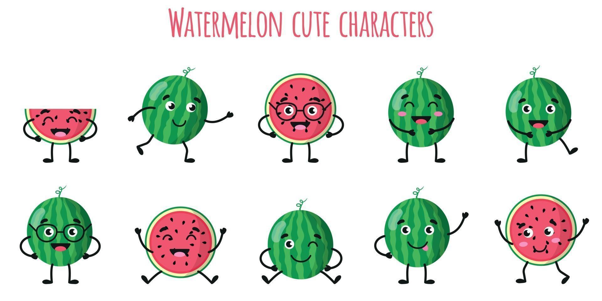 melancia frutas personagens engraçados e fofinhos com emoções diferentes vetor