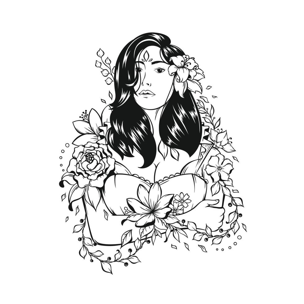 mão desenhada beleza jovem com flores vetor