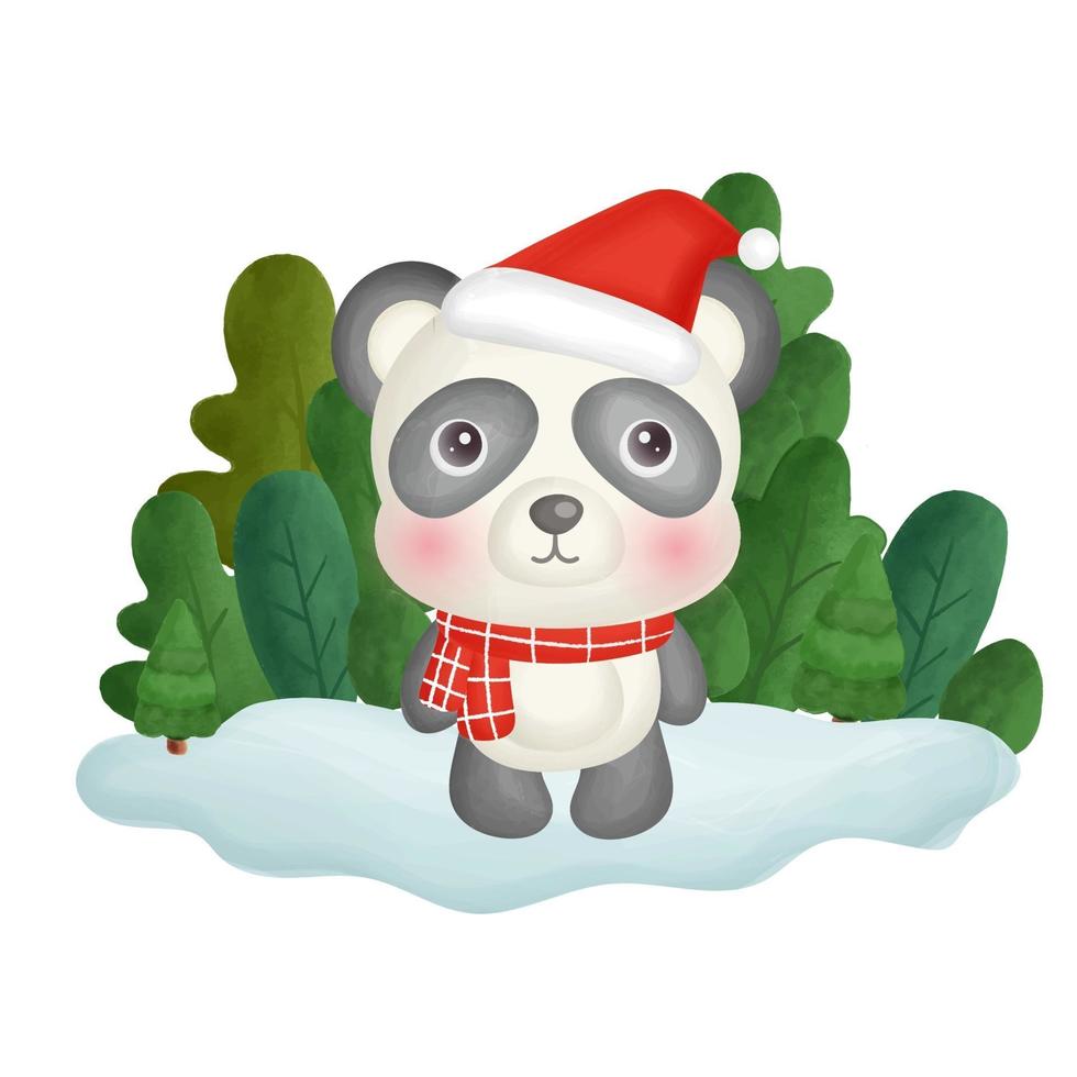 cartão de Natal com panda de cor de água na floresta. vetor