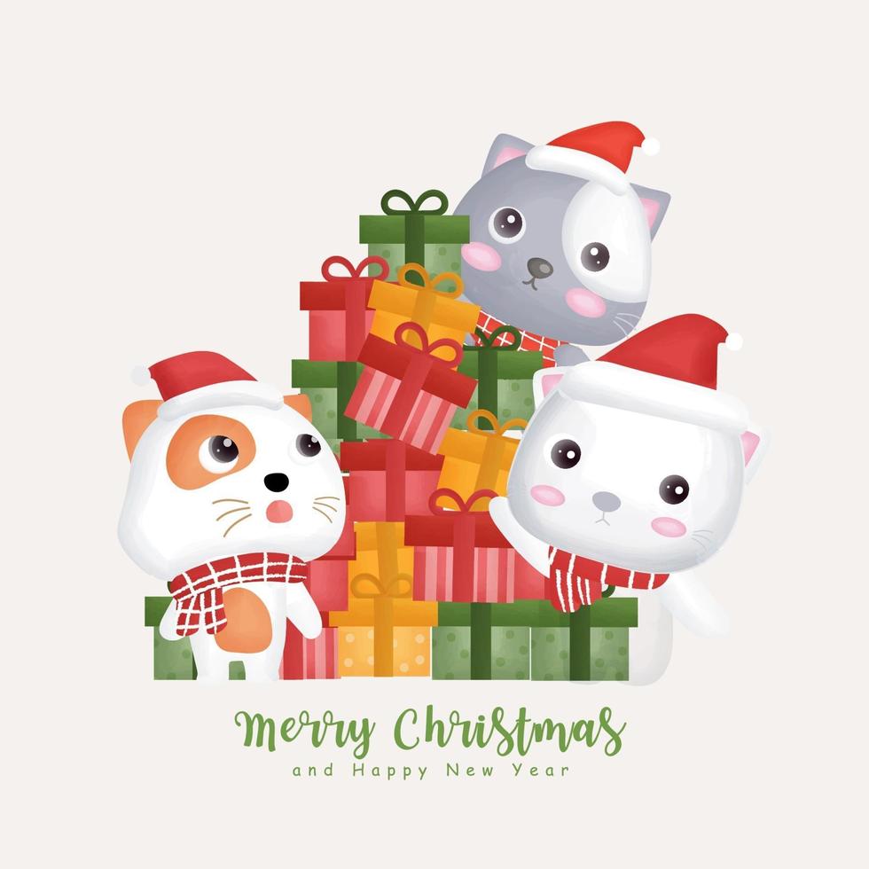 aquarela de Natal com gatos bonitos e caixas de presente. vetor