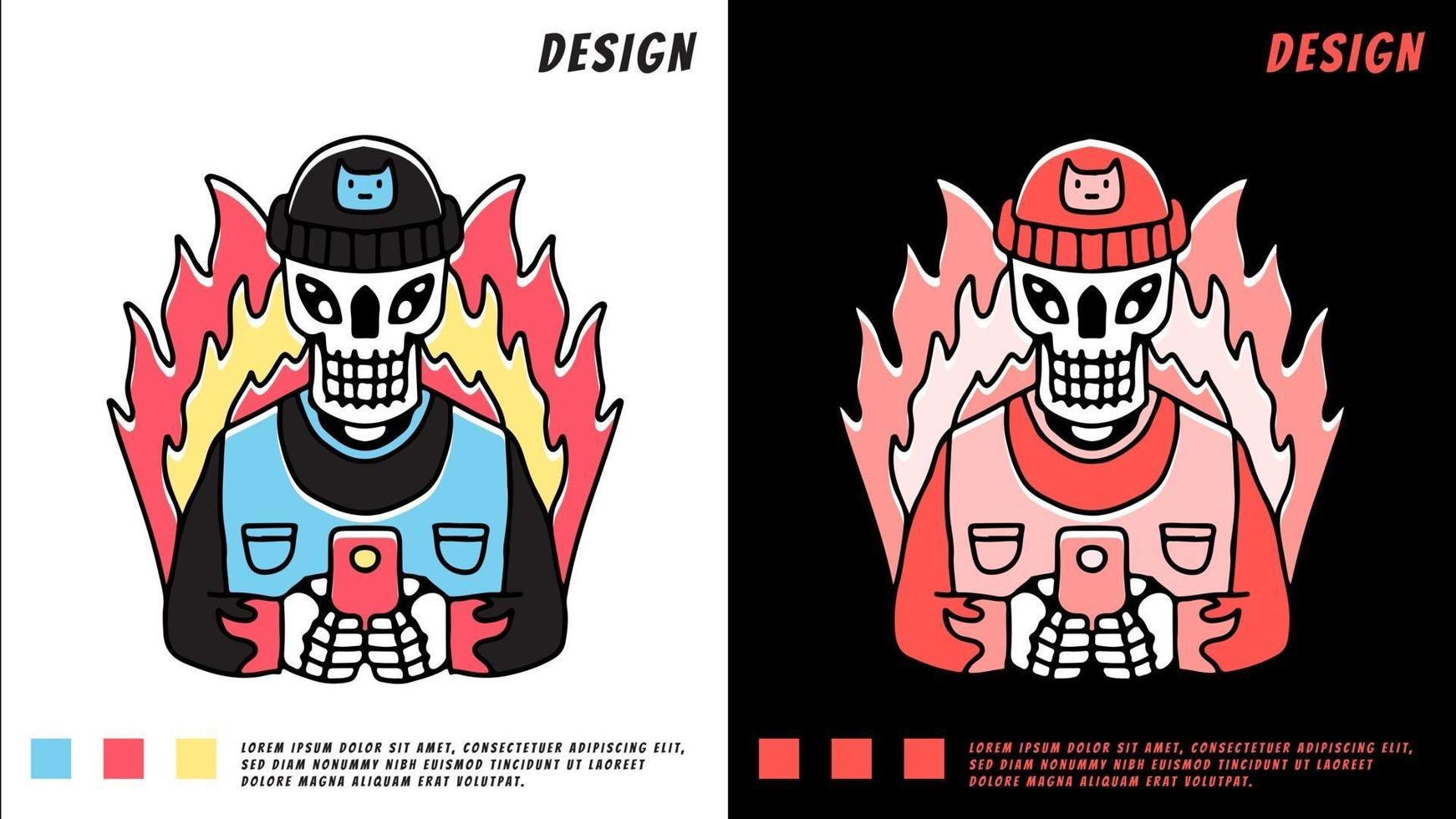 hype skull playing gadget in fire, ilustração para camiseta vetor