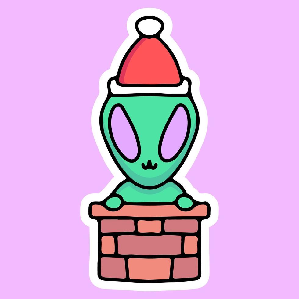 alienígena com chapéu de Papai Noel na chaminé, desenho gráfico para adesivo vetor