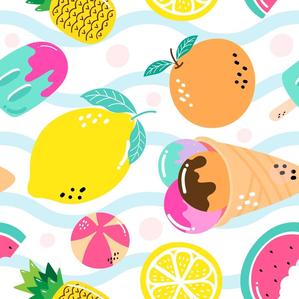 frutas, sorvete e bola de padrão sem emenda no festival de verão vetor