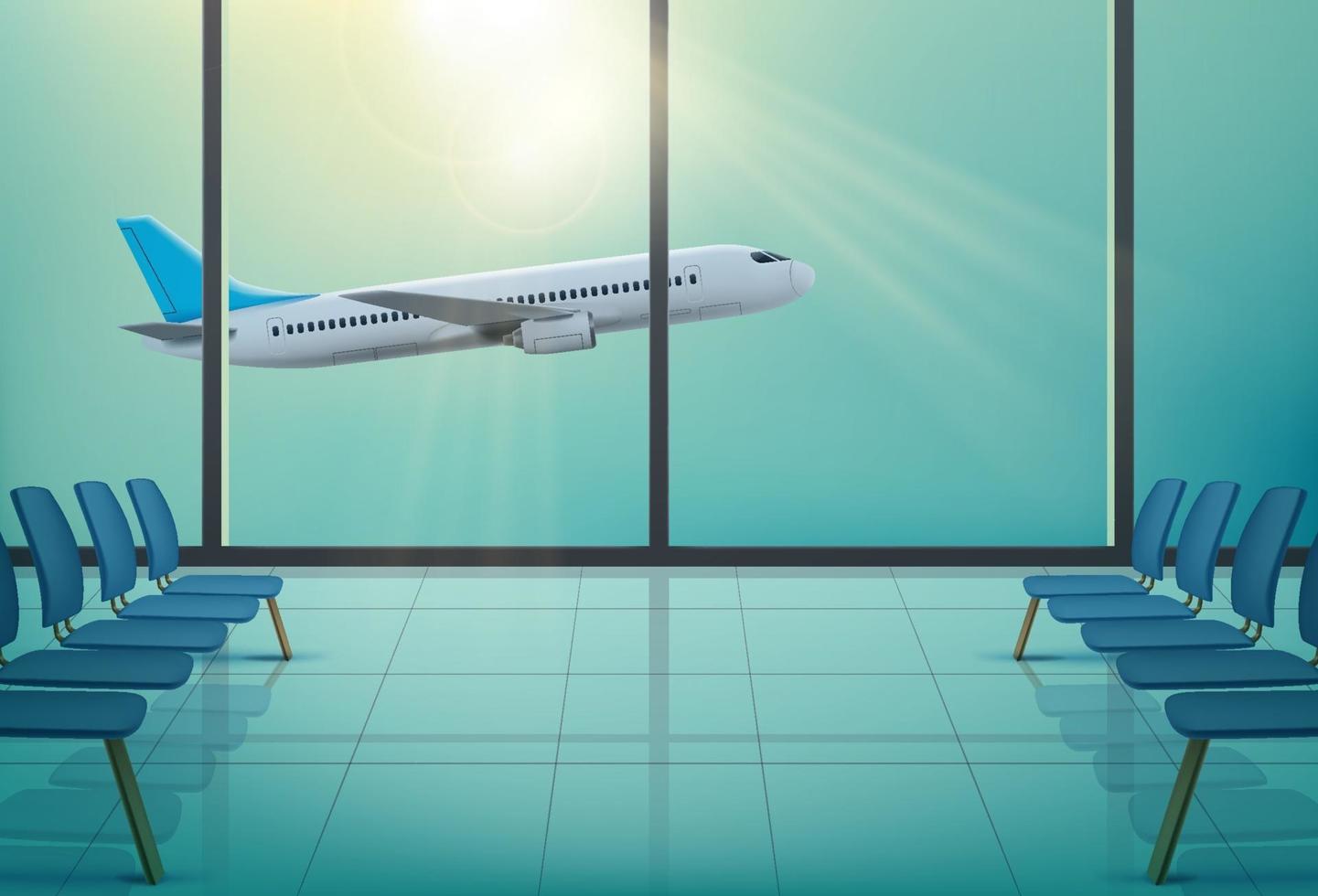 avião nas janelas da sala de espera do aeroporto vetor