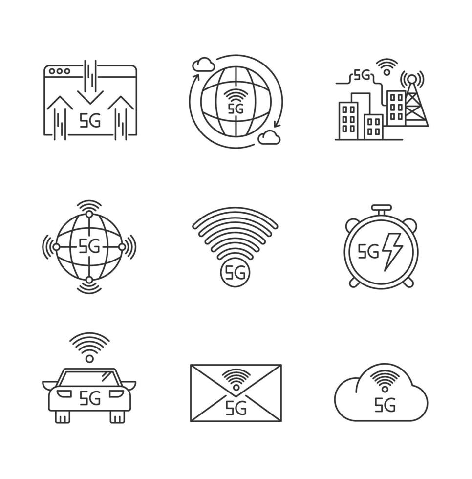 Conjunto de ícones lineares perfeitos de pixel de tecnologia sem fio 5g vetor