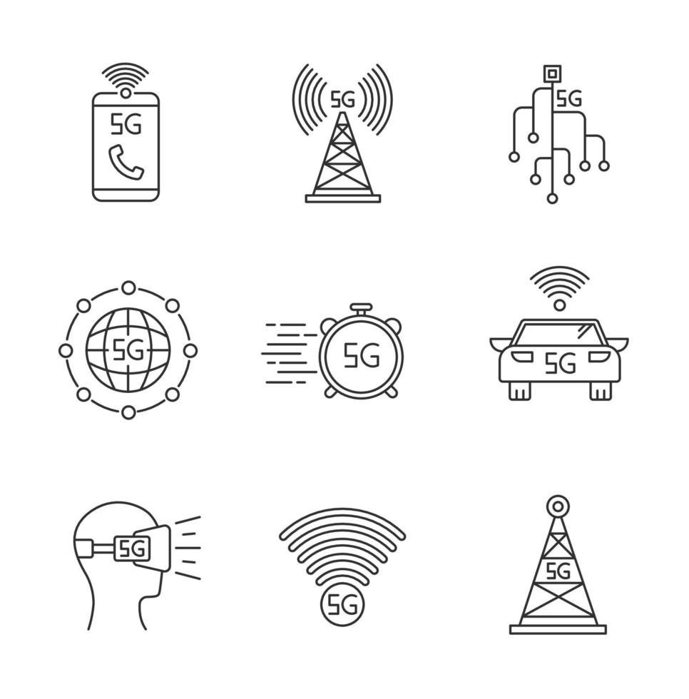 Conjunto de ícones lineares perfeitos de pixel de tecnologia sem fio 5g vetor