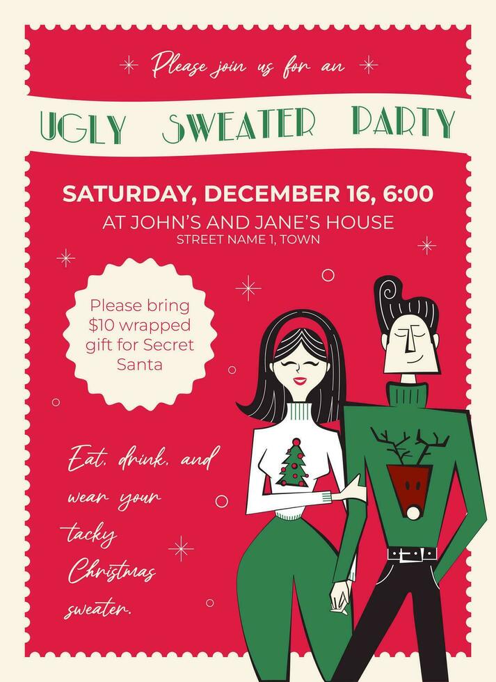 feio suéter festa convite. retro Natal festa poster. anos 60 - Anos 70 estilo casal dentro blusas personagens. vetor