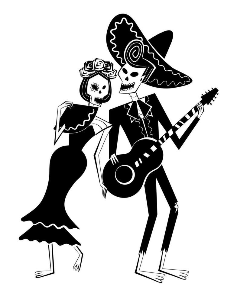 dia do a morto esqueletos. dia de los muertos esqueleto casal personagens. mexicano tradicional festival conceito. vetor