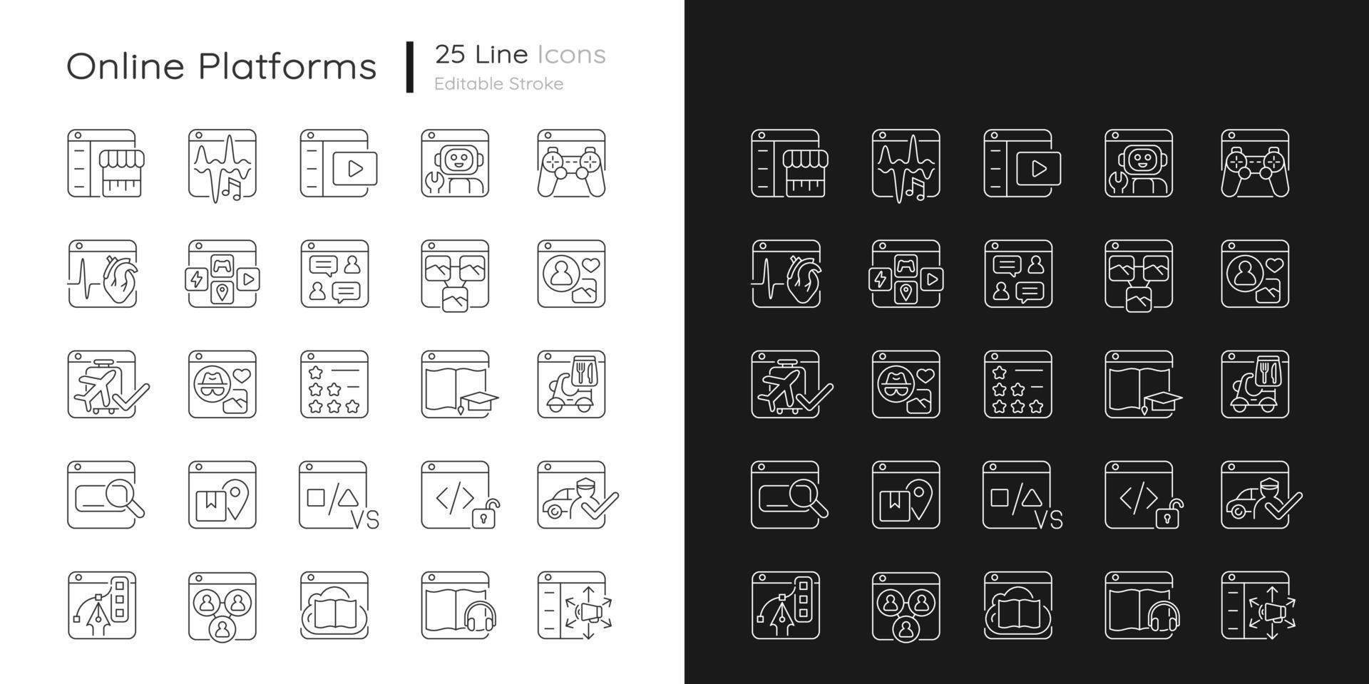 ícones lineares de plataformas online definidos para modo claro e escuro vetor