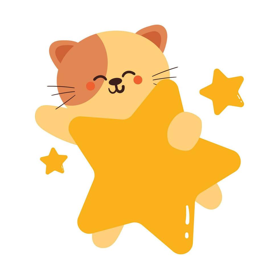 mão desenhando desenho animado gato com estrelas. fofa animal adesivo com céu elemento vetor