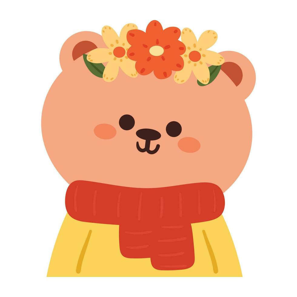 mão desenhando desenho animado Urso vestindo vermelho cachecol e flor coroa vetor