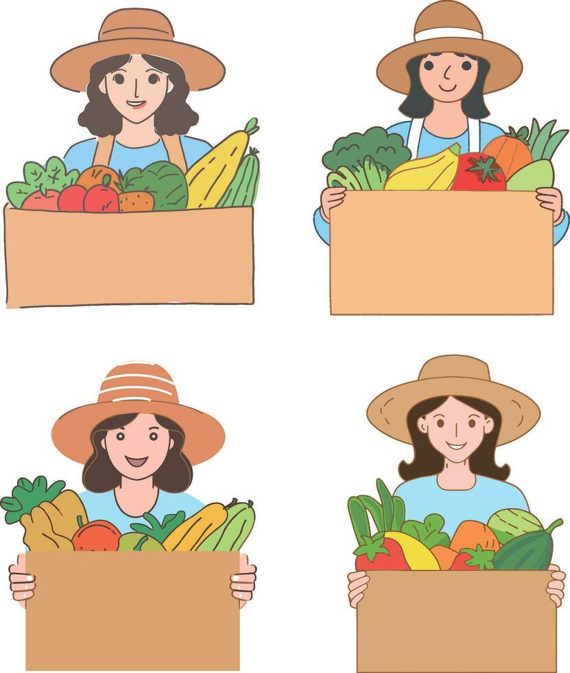 menina dentro uma Palha chapéu detém uma caixa do frutas e legumes dentro dela mãos vetor