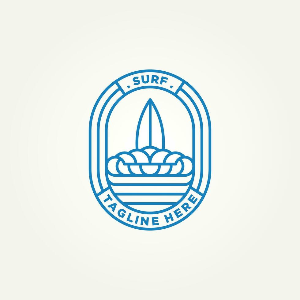 surfar minimalista linha arte crachá logotipo modelo vetor ilustração Projeto. simples moderno surfista, água esporte, prancha de surfe emblema logotipo conceito