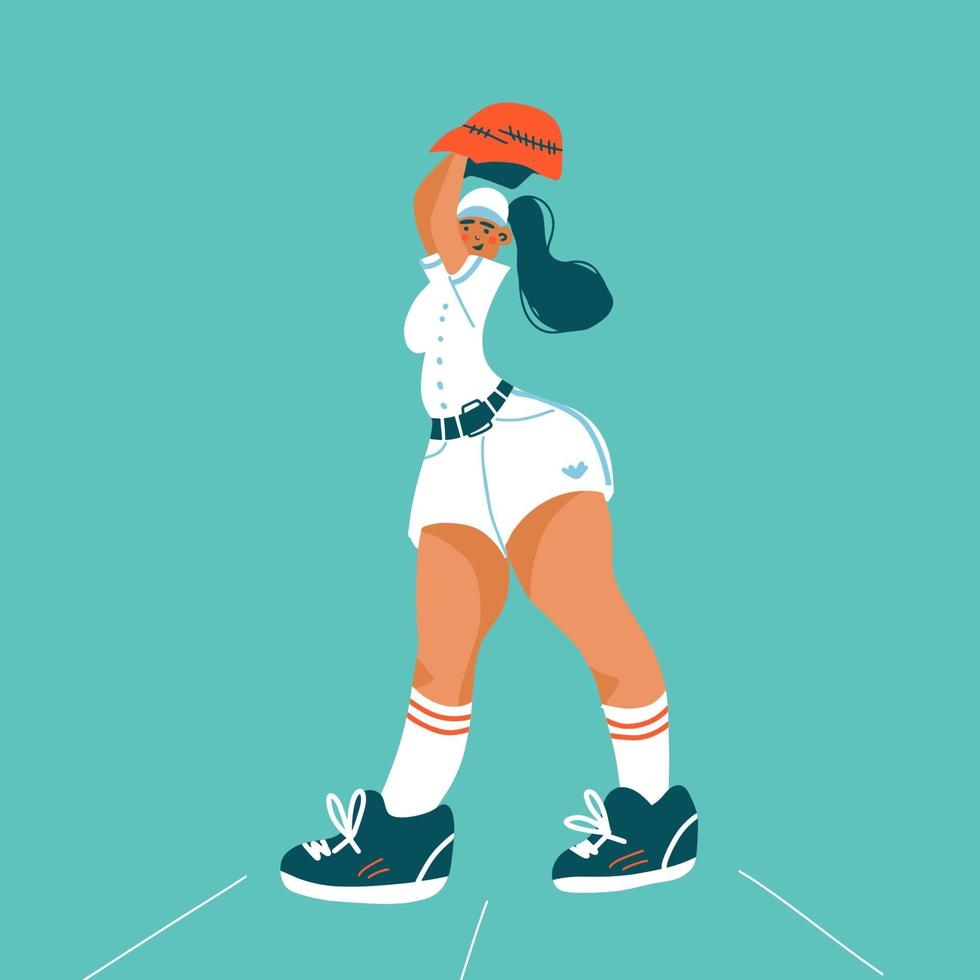 personagens de jogadores de beisebol softball. mulher de esportes jogando beisebol. vetor