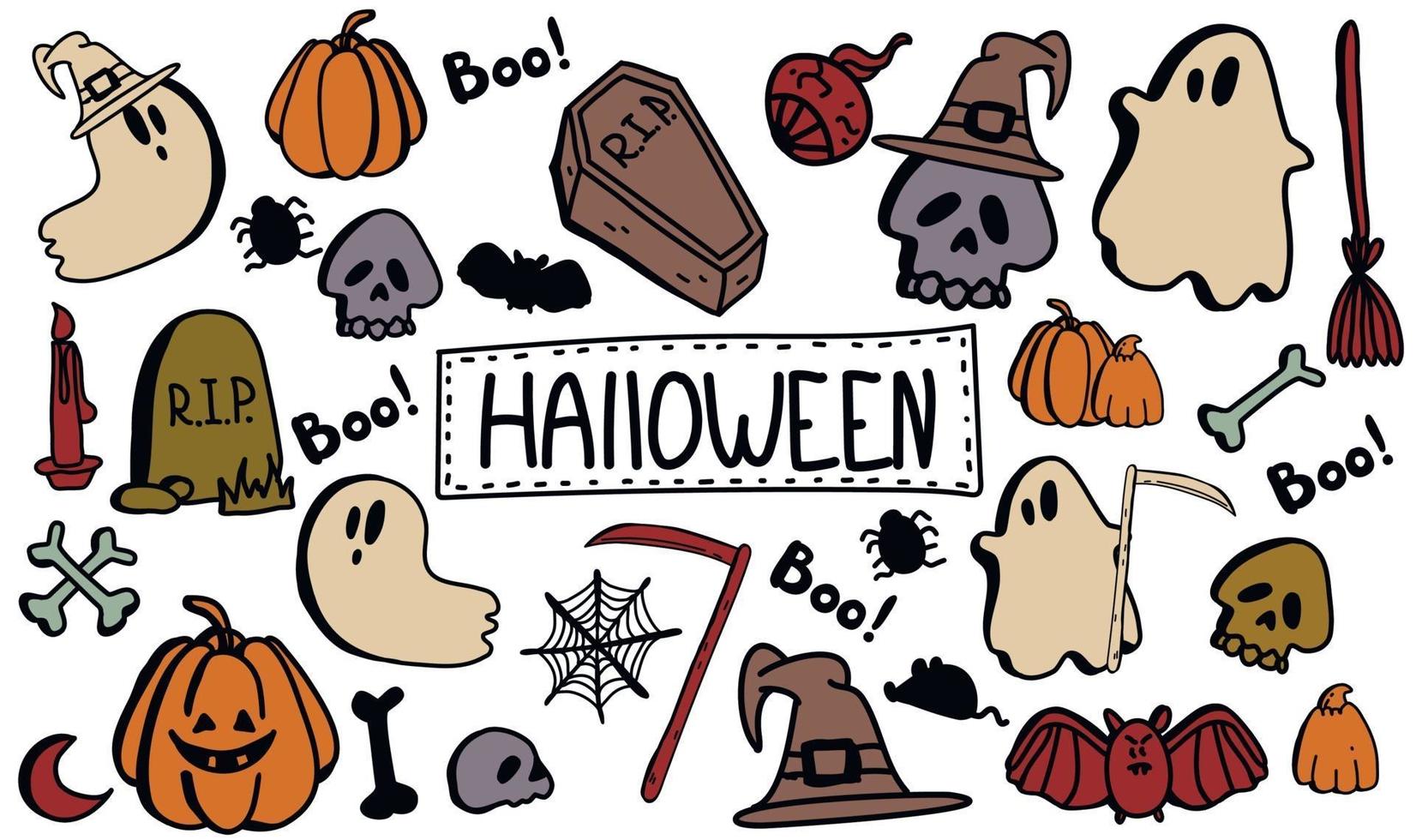 conjunto de vetores de clipart de halloween. doodle desenhado de mão definir dia de halloween.