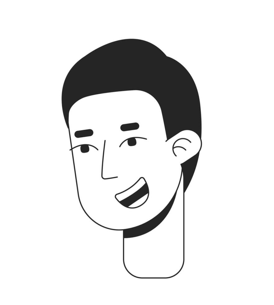 sorrindo jovem homem com zumbido cortar cabelo Preto e branco 2d linha desenho animado personagem cabeça. caucasiano Adolescência Garoto alegre isolado vetor esboço pessoa face. animado monocromático plano local ilustração