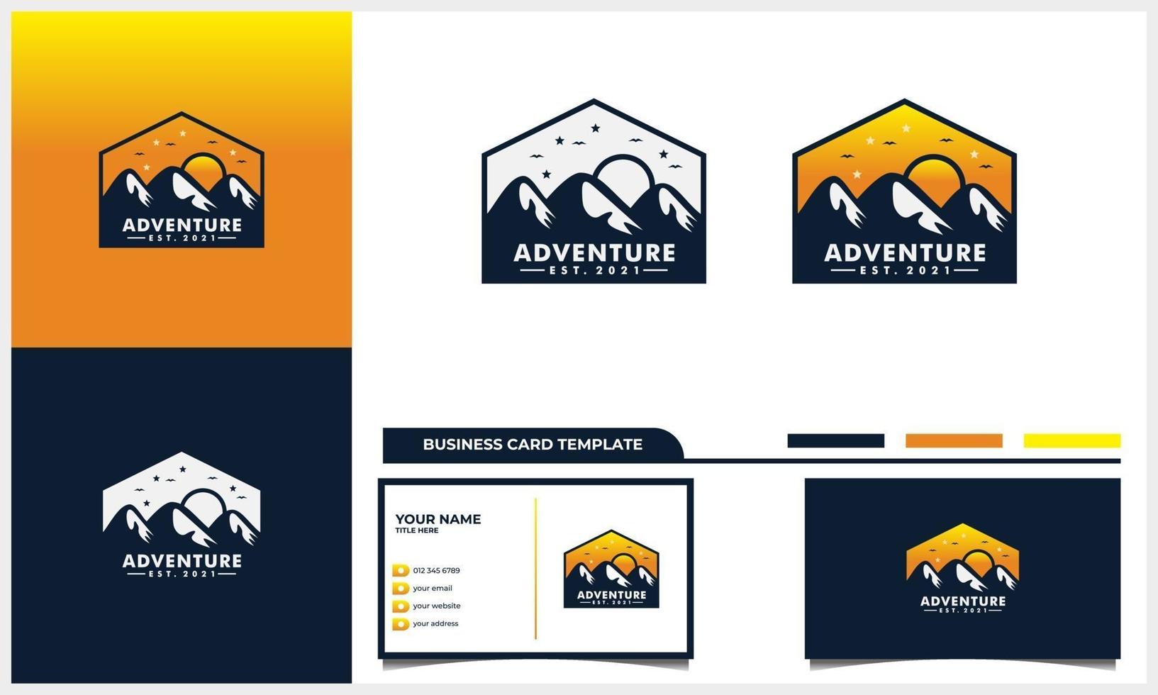 conceito de logotipo de montanha e sol de aventura e modelo de cartão de visita vetor