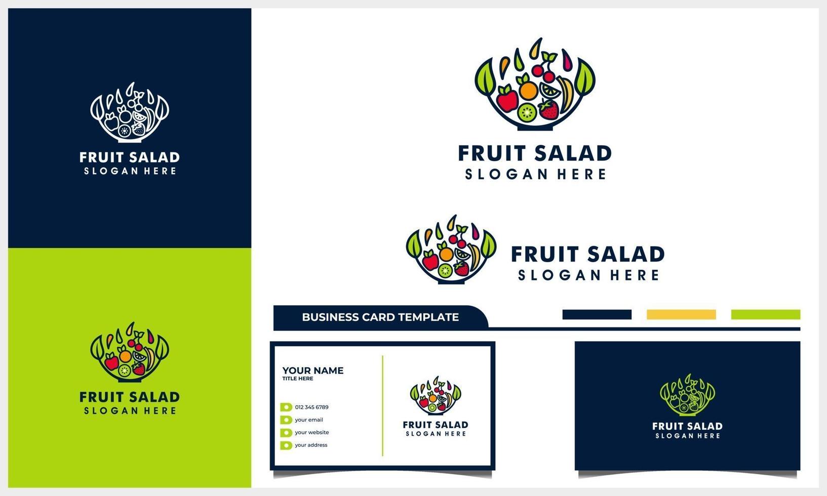 salada de frutas com logotipo de estilo de arte de linha de tigela e modelo de cartão de visita vetor