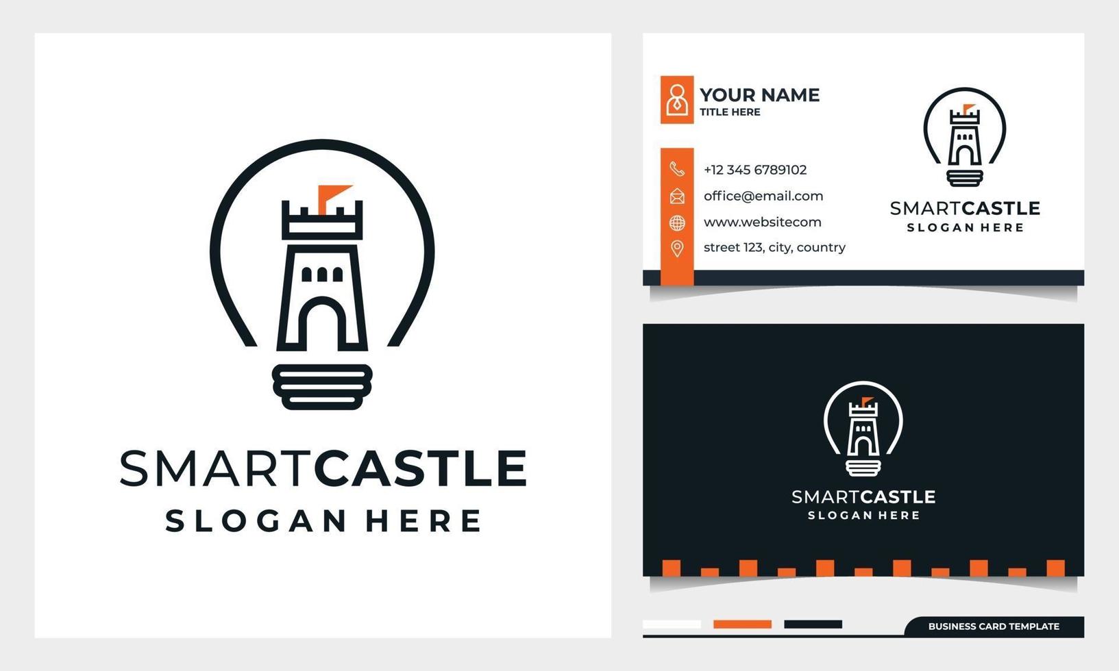 lâmpada com logotipo de castelo de arte de linha castelo inteligente com cartão de visita vetor