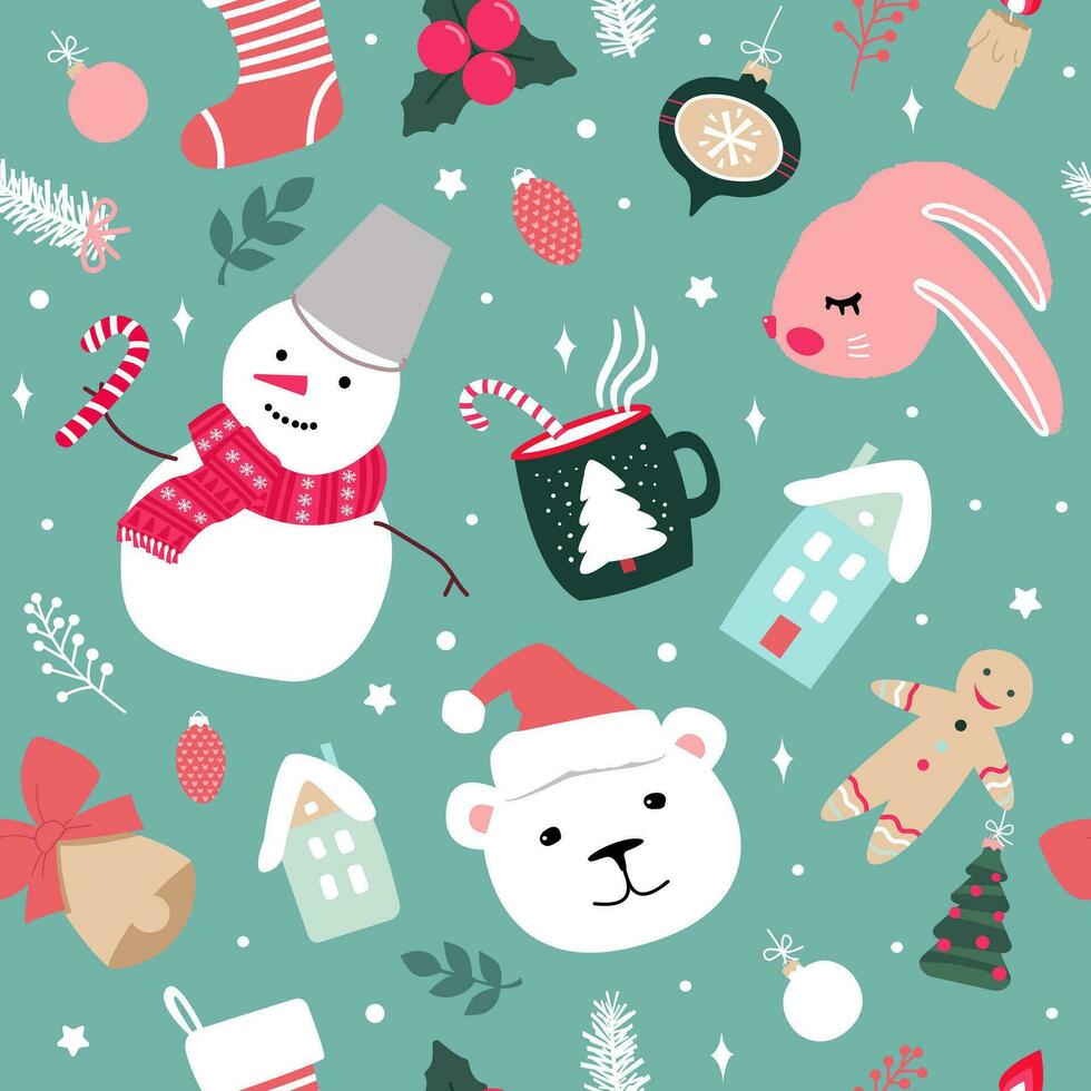 Natal desatado padronizar com fofa coelhos, bonecos de neve, Pão de gengibre homens, Natal árvores e flocos de neve. moderno simples plano vetor ilustração.