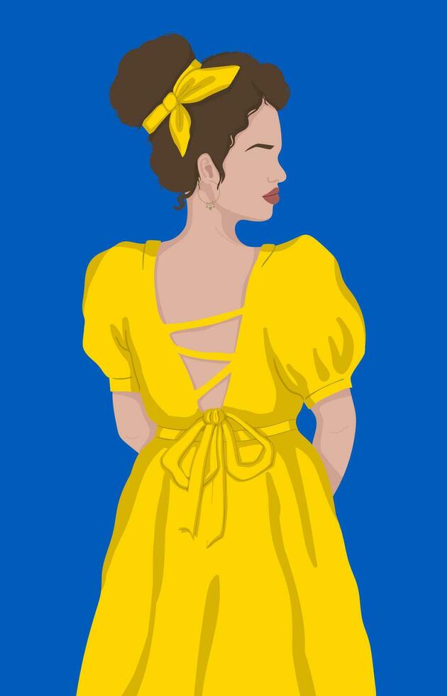 lindo jovem mulher dentro uma amarelo vestir em uma azul fundo. vetor plano ilustração..