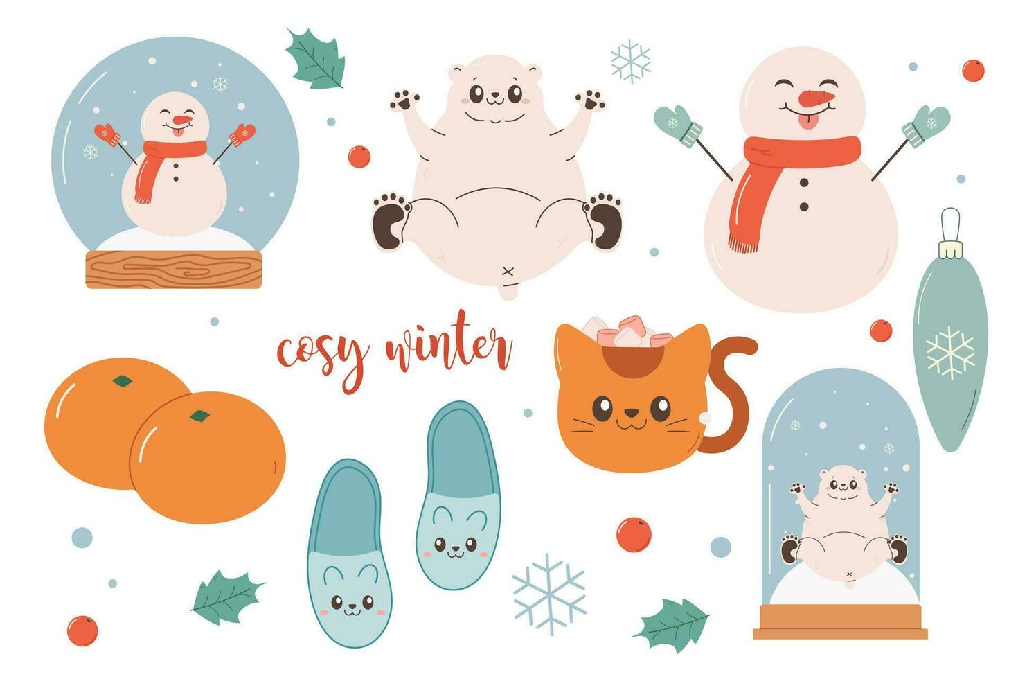 acolhedor inverno conjunto clipart, polar urso, neve globo, tangerinas, boneco de neve, chinelos. vetor