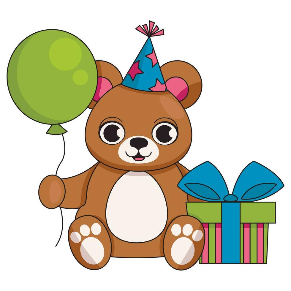 fofa Urso dentro uma festivo boné com uma presente e uma balão. feliz aniversário. vetor gráfico.